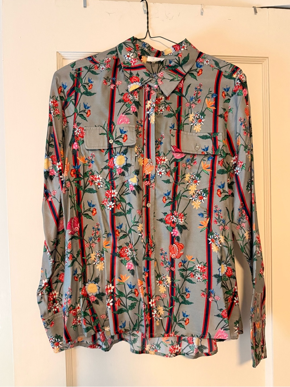 ecru Floral Stripe Button-Down Shirt in Sage and Multicolor